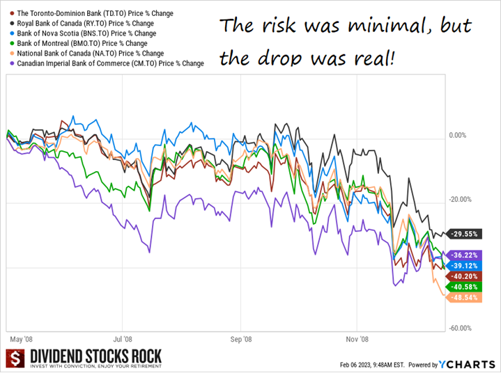 Six Canadian banks, May 08 to Nov 08, drops between 29% and 48%. The risk was minimal, but the drop was real.